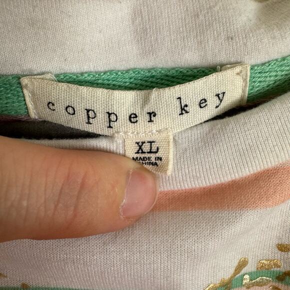 Copper Key Striped Teal Coral Long Sleeve Top Gold Heart Stretch Girl's Size XL - Picture 4 of 6